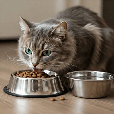 Chat au pelage doux dégustant des croquettes dans une gamelle chat