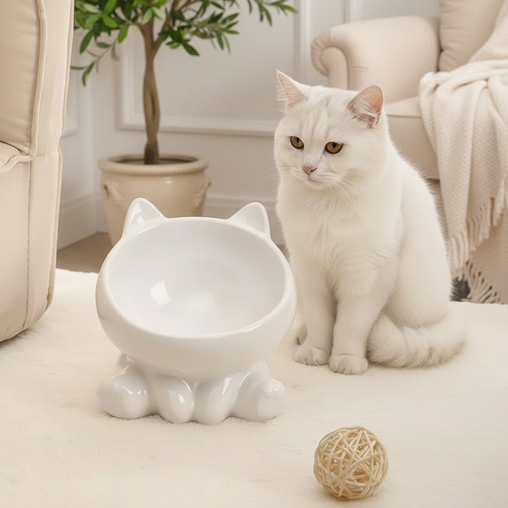 chat blanc debout à côté de la gamelle ceramique pour chat