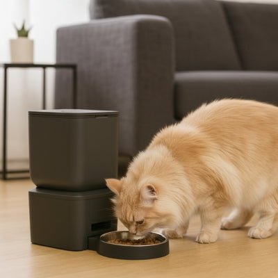 Chat beige s’alimentant à un distributeur croquette chat automatique