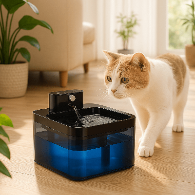 chat beige blanc approche fontaine eau chat