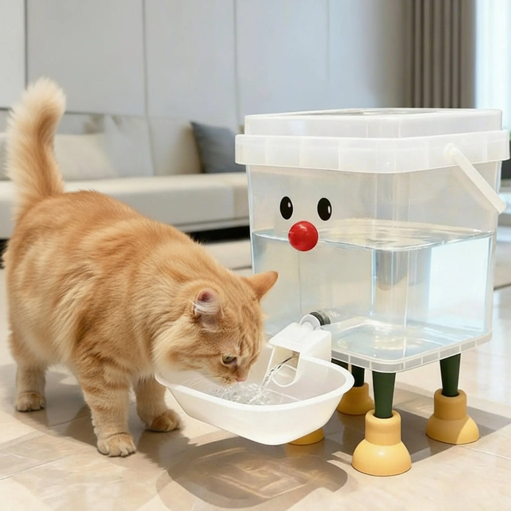 chat beige buvant de l'eau dans le distributeur eau pour chat