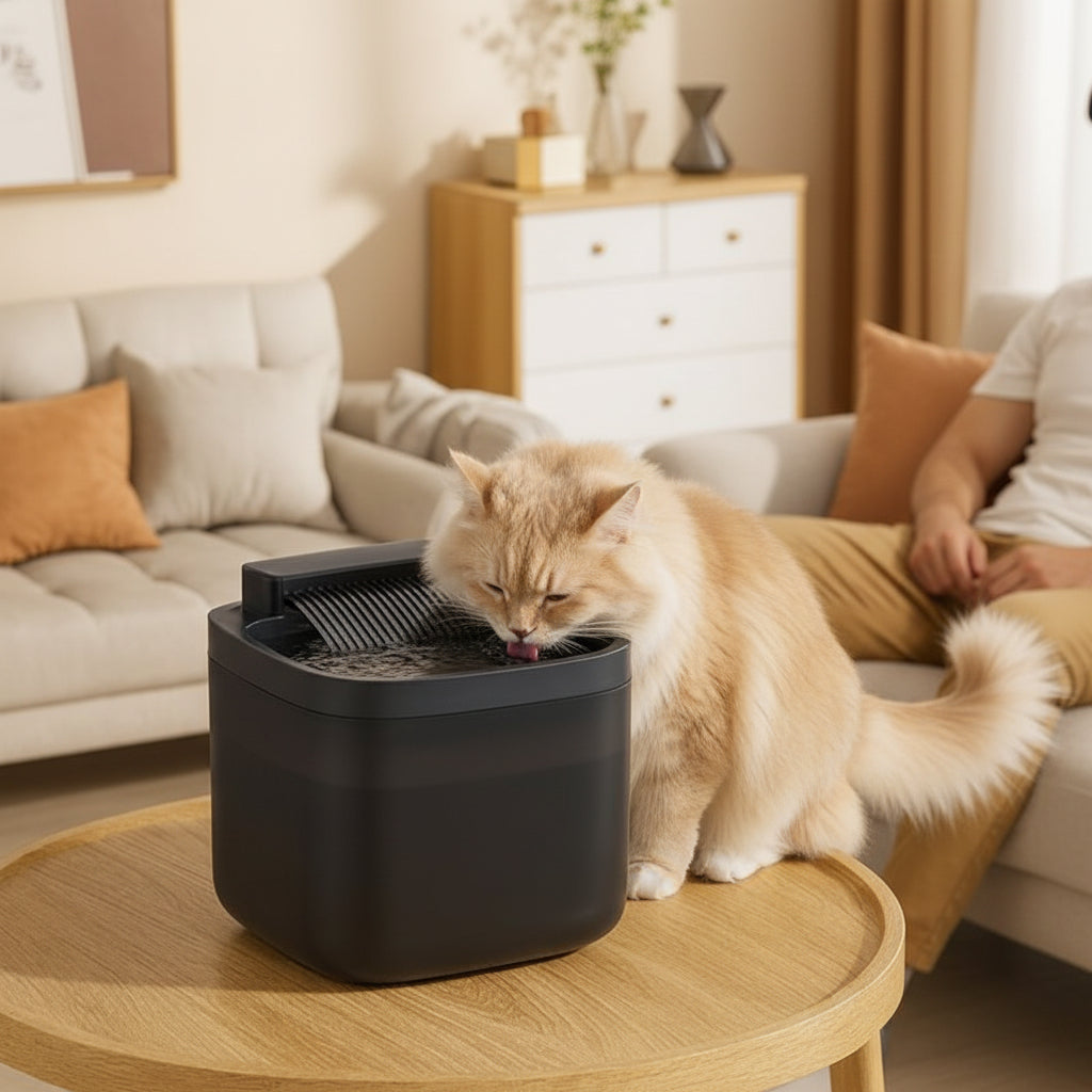 chat beige brun buvant eau fontaine à eau pour chat noir