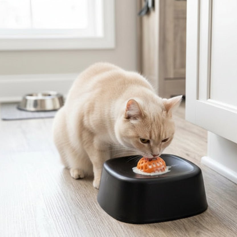 chat beige lèche gamelle anti glouton pour pâtée chat