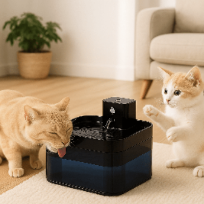 chat beige lèche moustache a cote fontaine eau chat