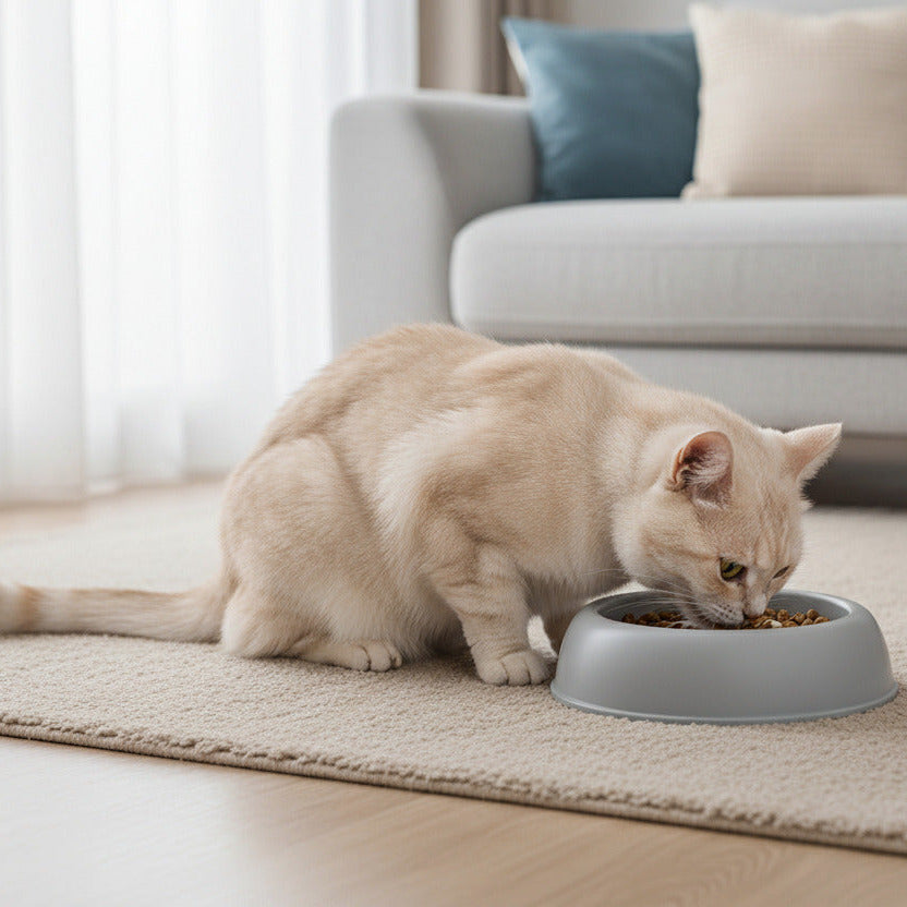 chat beige mangeant dans la gamelle chat anti glouton