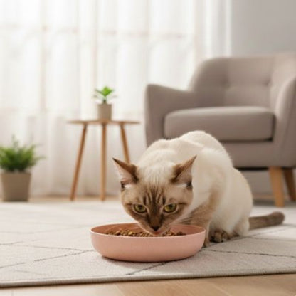 chat beige mangeant dans la gamelles chat rose