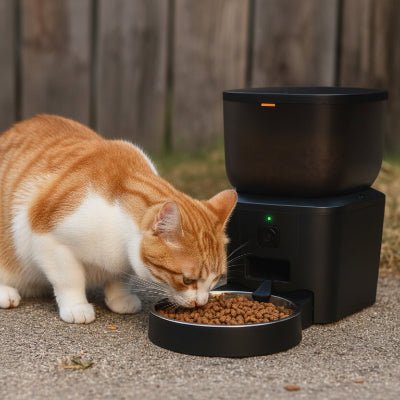 Chat beige mangeant à un distributeur croquette chat automatique