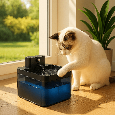 chat beige oreille brun joue fontaine eau chat