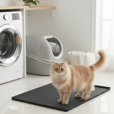 chat beige poilu debout sur le tapis pour litiere chat