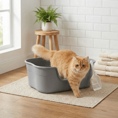 chat entrain de sortir du bac a litiere chat