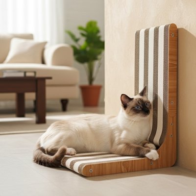 Chat beige tête brun  sur un griffoir chat