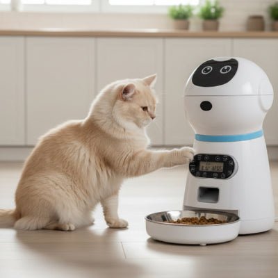 chat touchant le distributeur automatique de croquettes chat