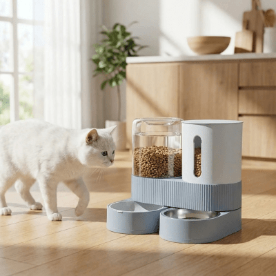 chat s'approche du distributeur de croquette