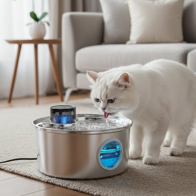 chat blanc buvant dans la fontaine a eau pour chat