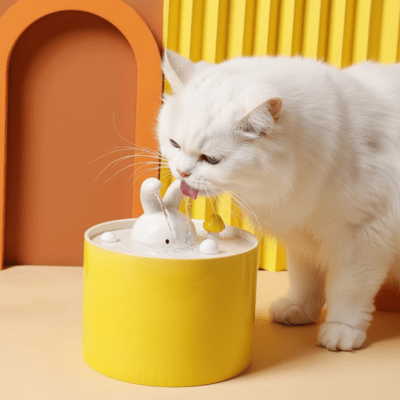chat blanc buvant l'eau de la fontaine a eau pour chat ceramique