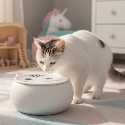 chat blanc buvant de l'eau dans une fontaine a eau chat ceramique 