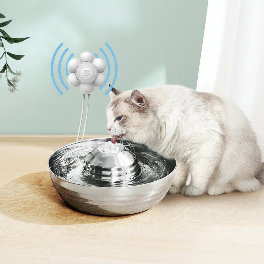 chat blanc buvant dans fontaine a eau pour chat inox