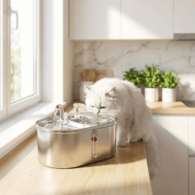 chat blanc buvant dans la fontaine eau pour chat