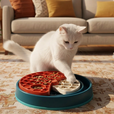 Chat blanc jouant à côté de la gamelles anti glouton chat