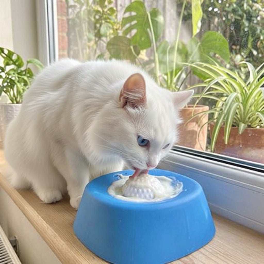 chat blanc lèche gamelle anti glouton pour pâtée chat bleue