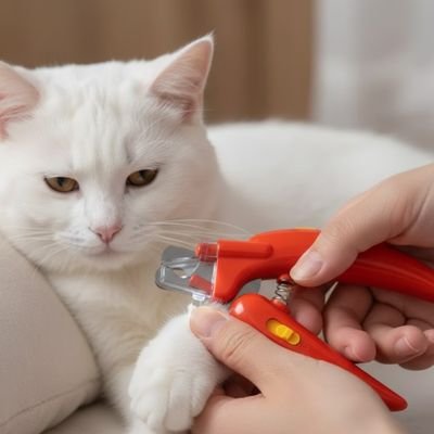 chat blanc regardant le coupe ongle pour chat