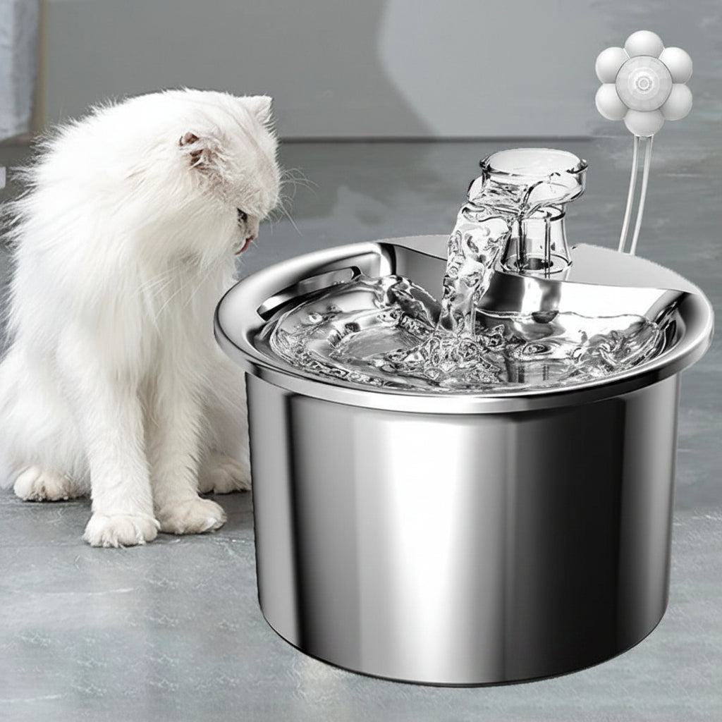 chat blanc regarde la fontaine a eau inox chat