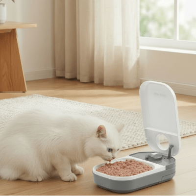 chat blanc savoure le pâté gamelle automatique chat