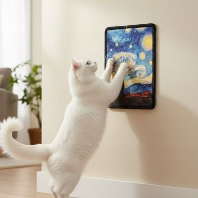 chat blanc s'étire sur le griffoir chat tapis