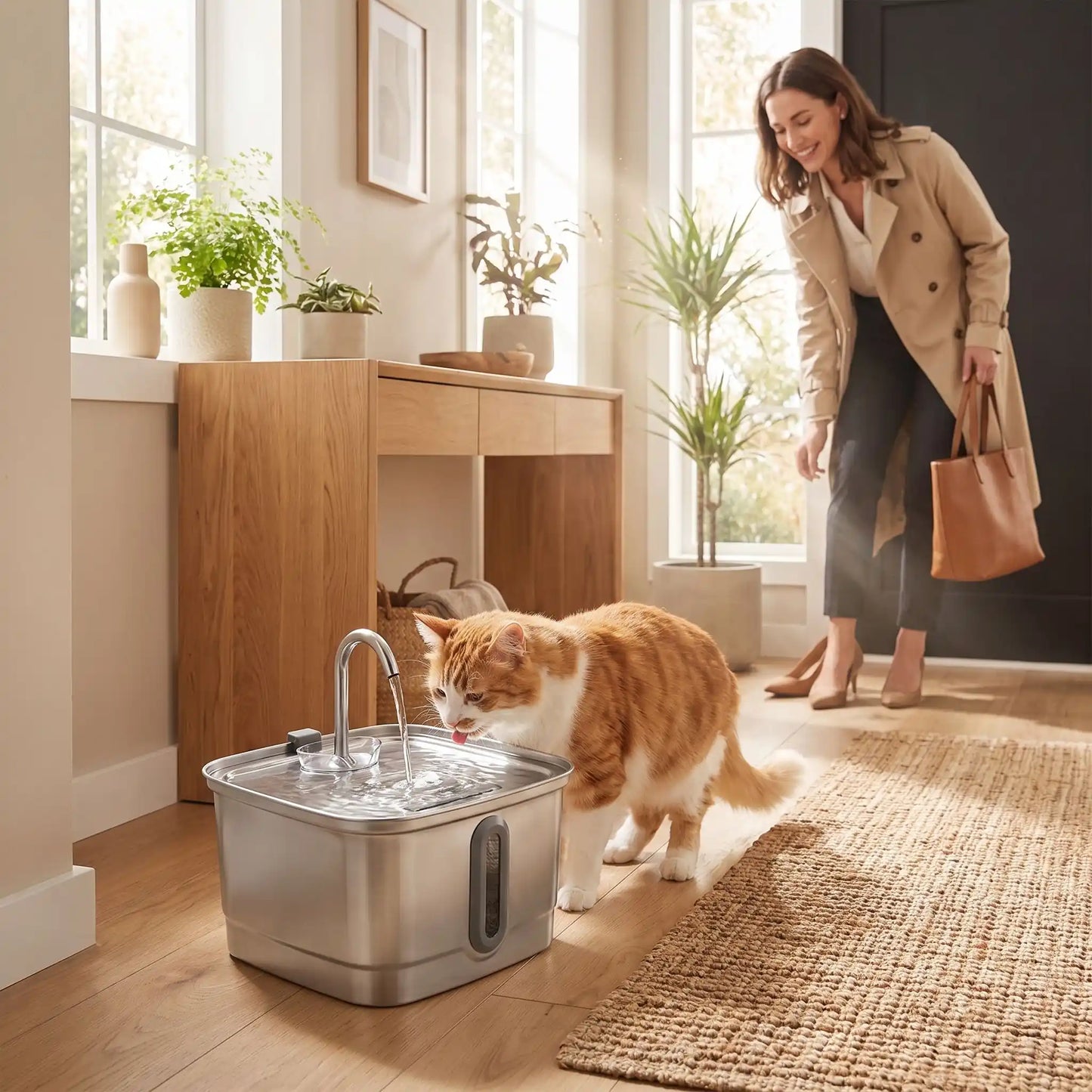 femme s'apprête a sortir chat buvant dans la fontaine a eau inox chat