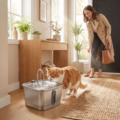 femme s'apprête a sortir chat buvant dans la fontaine a eau inox chat