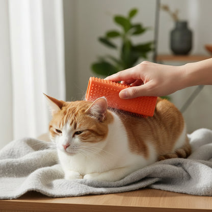 chat brossé avec la brosse anti poils orange