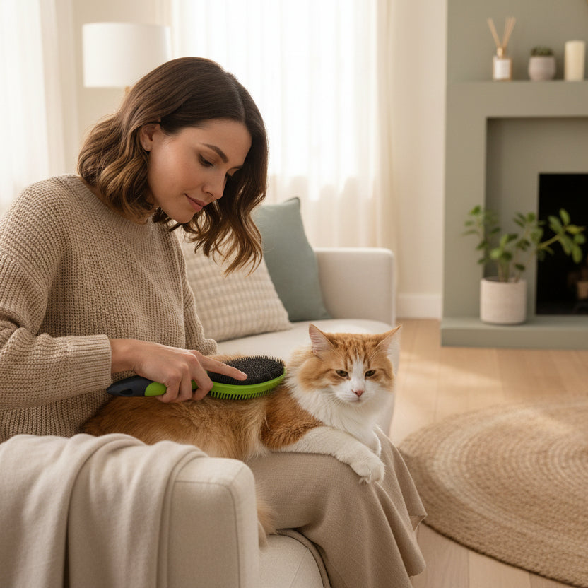 chat brossé avec une brosse anti poils verte