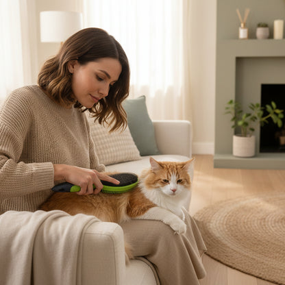 chat brossé avec une brosse anti poils verte
