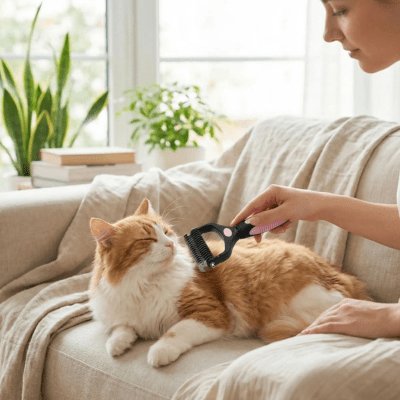 propriétaire brosse son chat avec brosse pour chat poil long