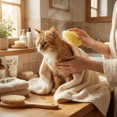 femme brosse son chat avec brosses pour chat en sortant du bain