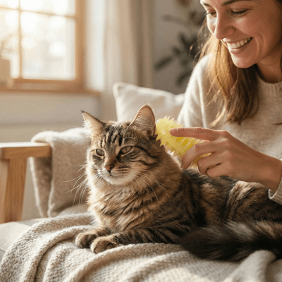 femme brosse son chat avec une brosses pour chat
