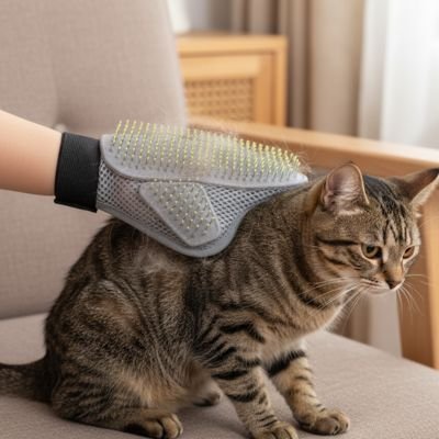 Chat brun brossé avec un gant de toilettage