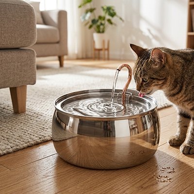 chat brun buvant dans Fontaine a eau chat inox
