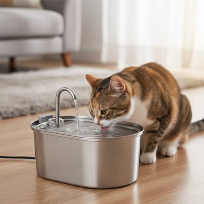 chat brun buvant eau frais dans une fontaine a chat