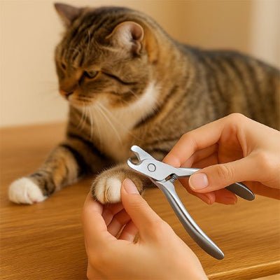 Chat brun détendu pendant la coupe griffe pour chat