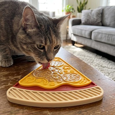 chat brun léchant tapis anti glouton chat en forme pizza