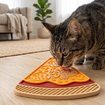 chat brun léchant tapis anti glouton chat