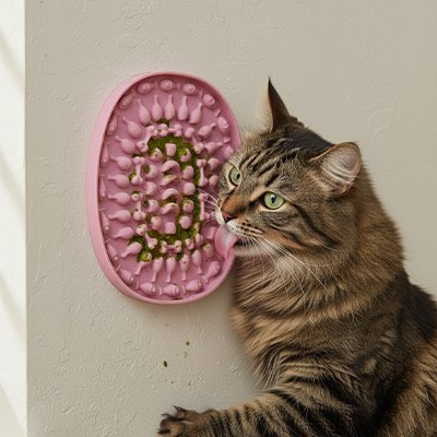 chat léchant le Tapis de lechage sur le mur