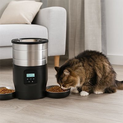 chat brun mange repas distributeur de croquettes chat avec double bols