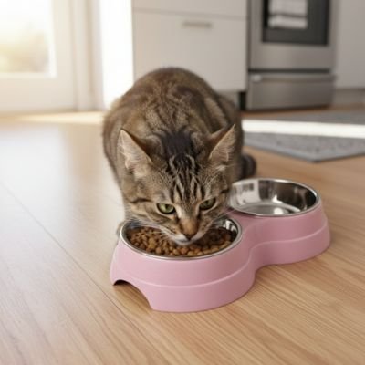 Chat brun mangeant des croquettes dans une gamelle chat rose, dans une cuisine