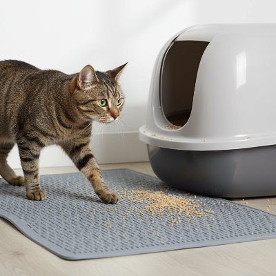 chat  brun marchant sur le tapis pour litière chat 