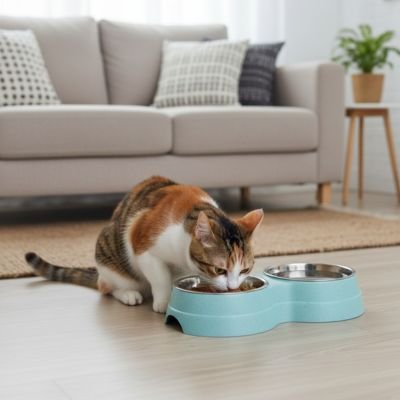 Chat brun orangé mangeant dans un salon dans une gamelle Chat