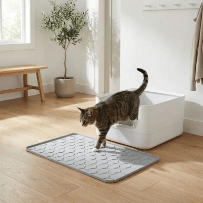 chat brun sortant sur le tapis pour litière chat