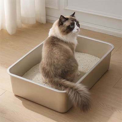 le chat brun se tourne dans le bac pour litière chat