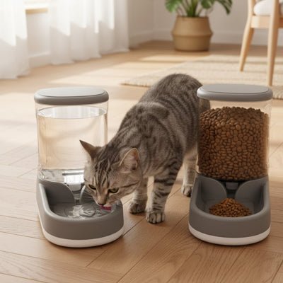 chat buvant à côté de distributeur croquette chat gris